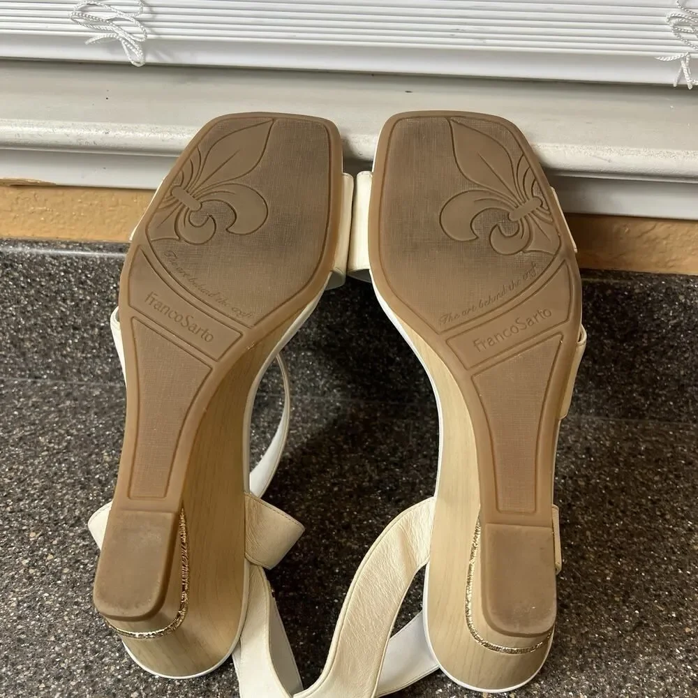 Franco Sarto White Leather Wedge Sandals Women's Size 10 M Open Toe Ankle Straps